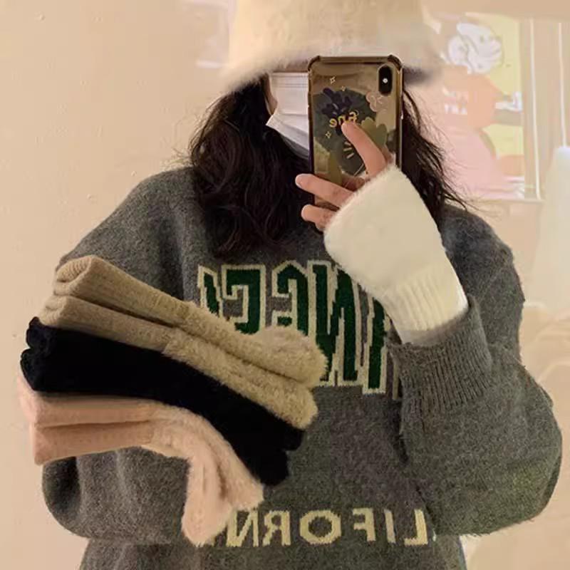 Women's Fleece-Lined Half-Finger Gloves: Cute, Thick Plush for Autumn & Winter; Ideal for Cycling & Cold Protection