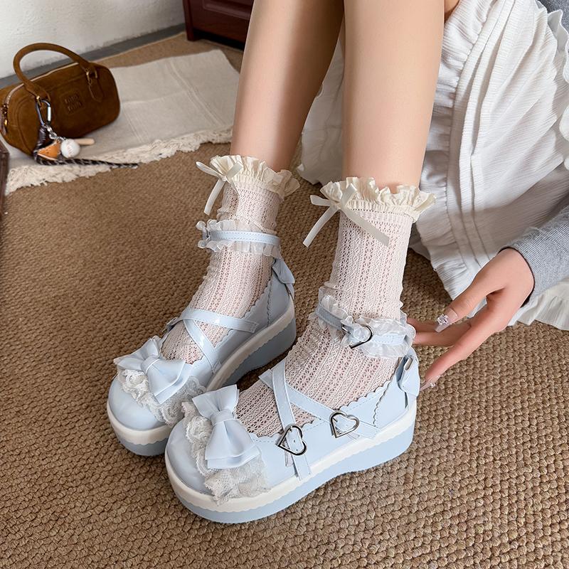 Fashion Sweet Girls Lolita Flat Platform ,Female Students Lace Strawberry Bowknots Cute Marry Jane Elevator Shoes