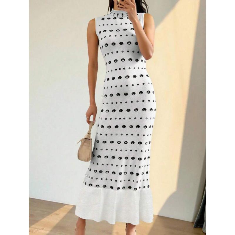 Europe, America 2026 summer new slim and thin ruffle edge round neck polka dot sleeveless dress women