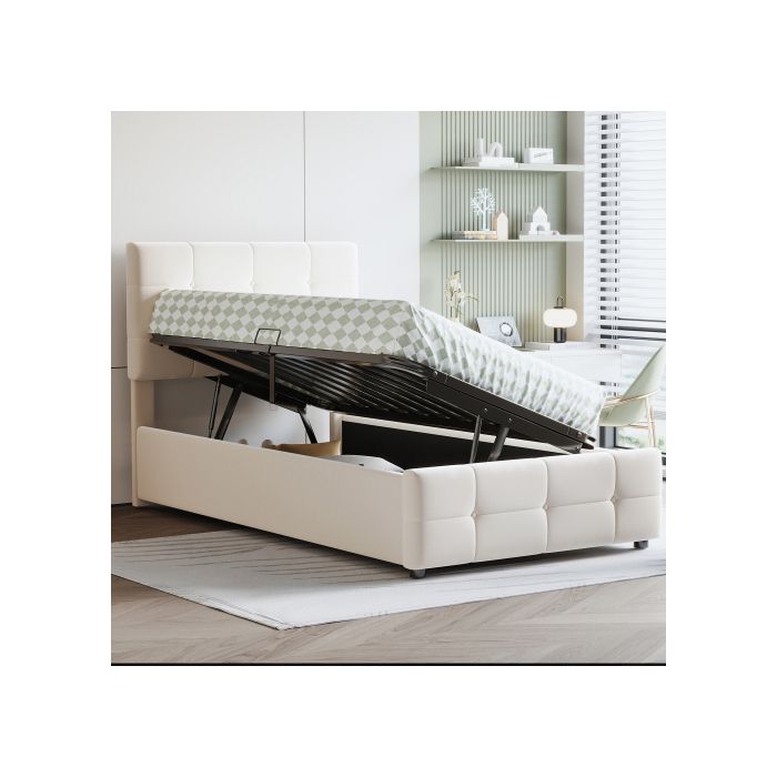 Lit Enfant 90x200 Cm, Lit De Rangement Hydraulique, Tête De Lit Réglable En Hauteur, Beige