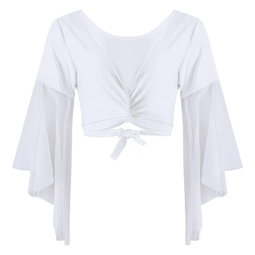 Women 3/4 Tulle Flared Sleeve Crop Top Dancewear Lace-up Indian Belly Dance Costume Tops