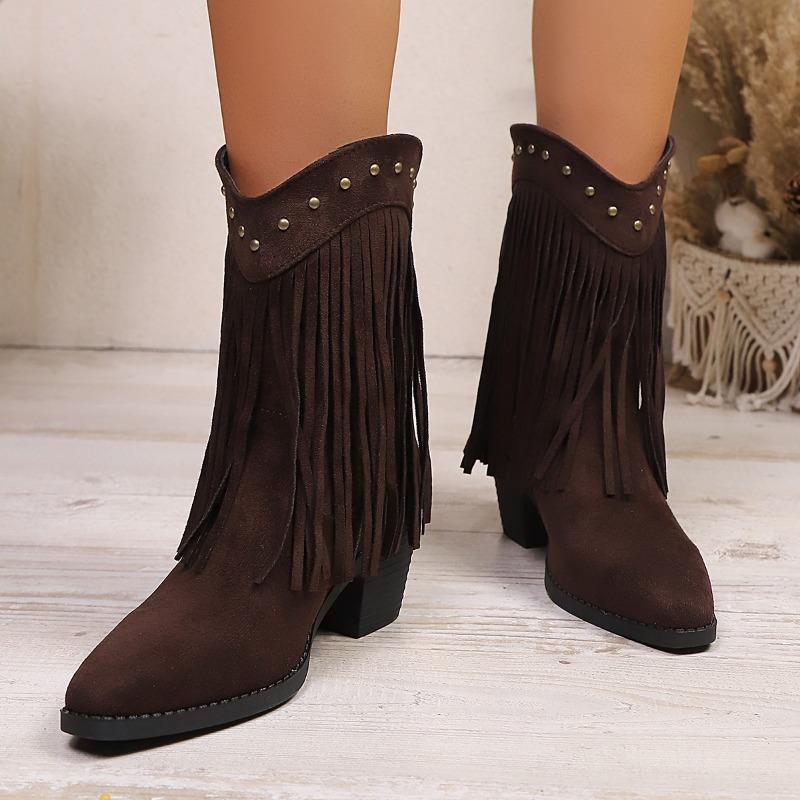 Vintage Tassel Detor Ankle Boots Women Spring Autumn Pointed Toe Square Heel Boots Woman Fashion Slip On Plus Size Booties Lady