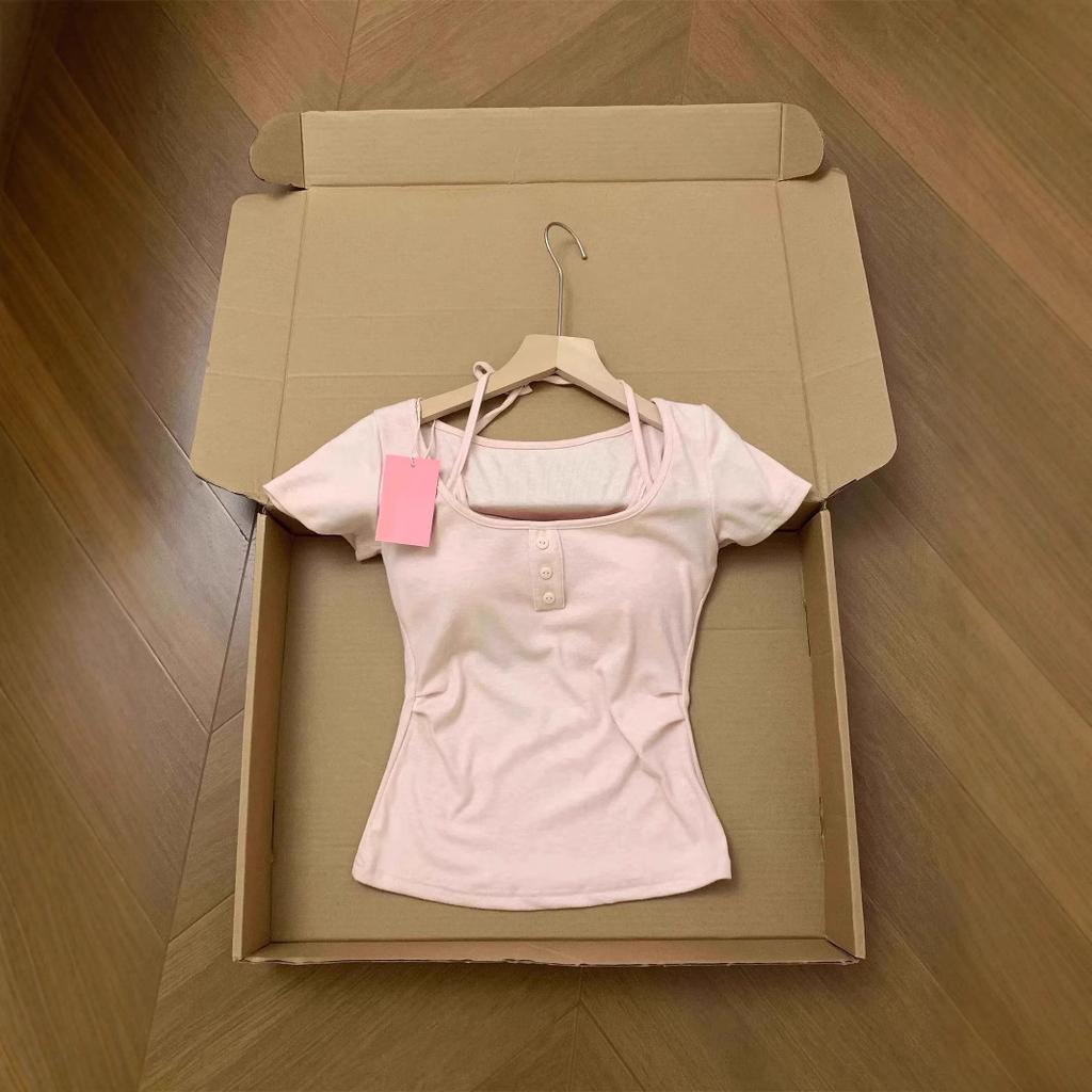 Pure desire style pink fake two-piece neck strap short-sleeved t-shirt women's summer slim-fit pleated waist short top