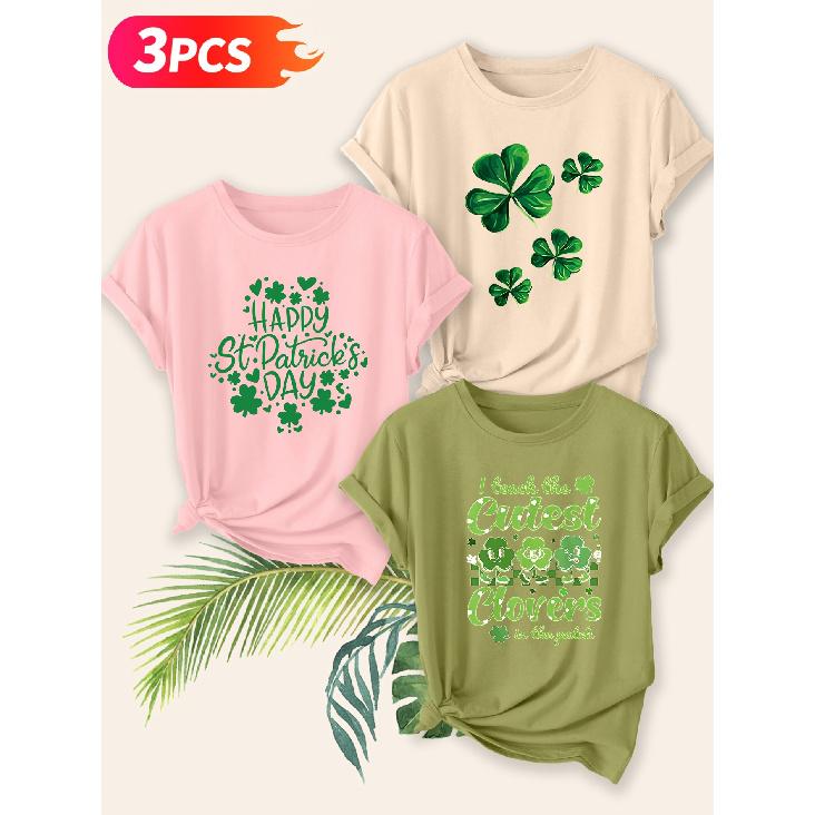 Three-piece set Elegant short-sleeved shirt for women St. Patrick's Day Clover Print Round Neck Women's T Shirt Suitable for spring
