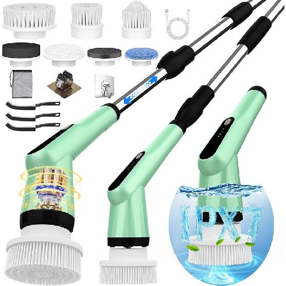 Electric Spin Scrubber, Dreazu IPX7 Bathroom Scrubber with 7 Replaceable Brush Heads & Retractable Handle, 2-Speed Adjustable Shower Cleaner Brush