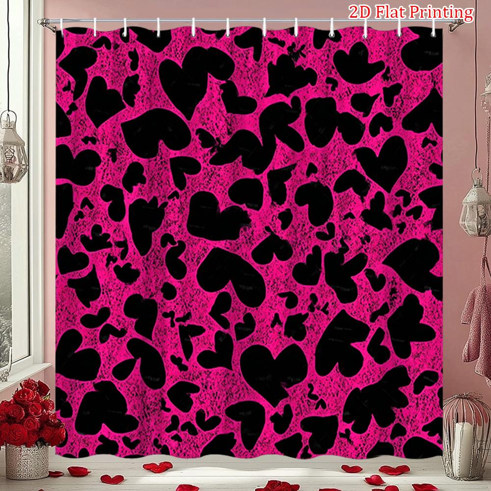Bold Black Heart Shaped Shower Curtain On Pink Background Polyester Shower Curtain With Valentine Bathroom Decoration Hook