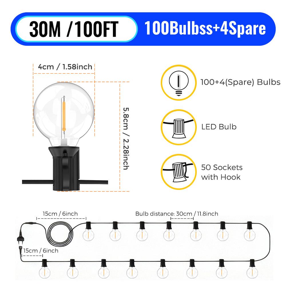 30M/15M/9M LED G40 Globe String Lights Outdoor, Plastic IP65 Waterproof Bulbs For Christmas Party Garden Decorative Garland Lamp