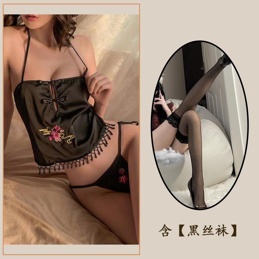 Sex Underwear Sexy Women's Belly Pocket Pajamas Hot Passion Neck Sling Cheongsam Retro Lace-up Hollow Woman