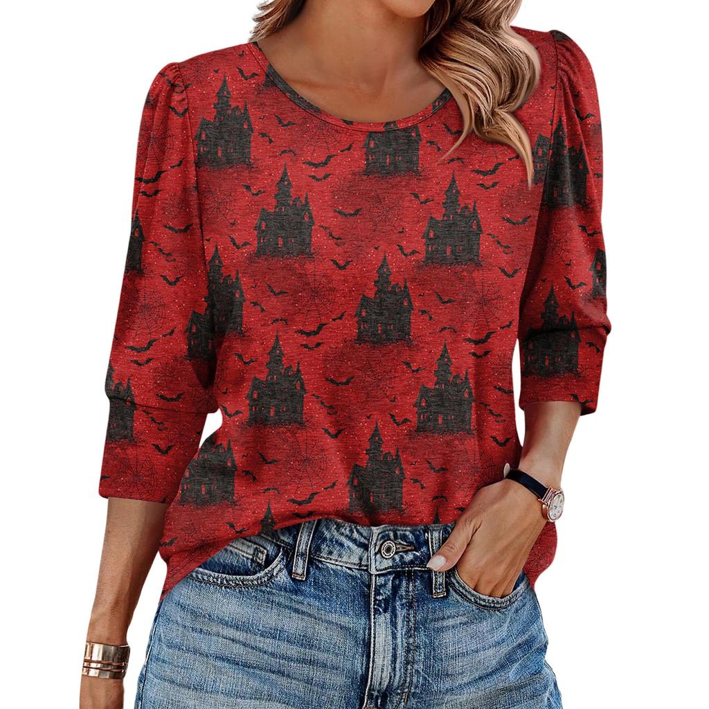Women's Fashionable Casual Round Neck Seven Quarter Sleeve Halloween Printed Bubble Sleeve Top