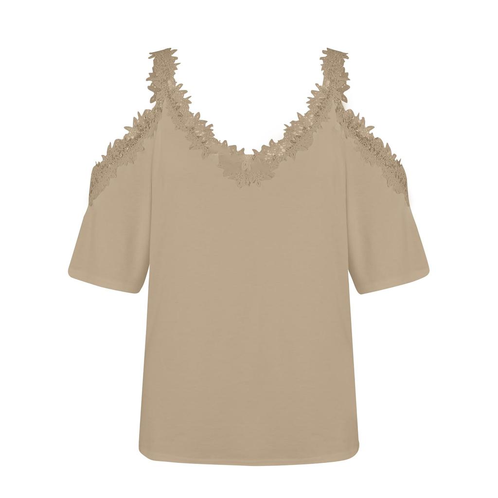 Women's Fashion V-Neck Splicing Lace Suspenders Hollow Loose Short-Sleeved Tops