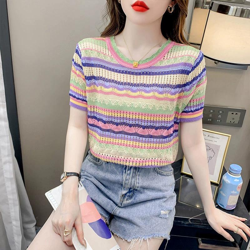 French Round Neck Color Striped Short Sleeved T-shirt for Women's Summer Hollow Knitted Base Shirt Casual Top