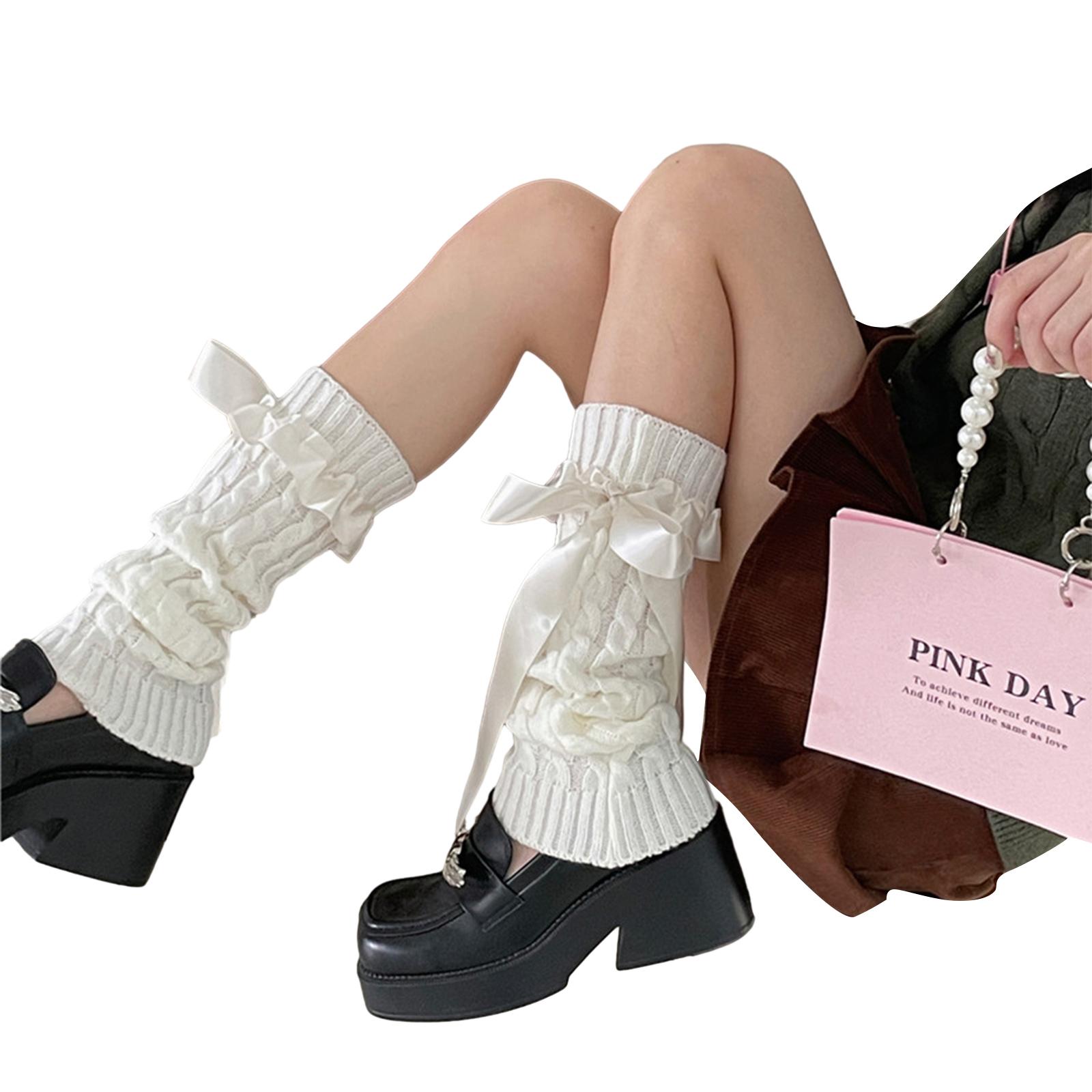 Damen Lolita Beinwärmer Ballett-Stil Schleifenband Kniehohe Socken Beinabdeckung weiß