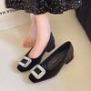 2025 spring and autumn new thick heel French rhinestone temperament single shoes women's middle heel square head commuting fashion shallow mouth wome