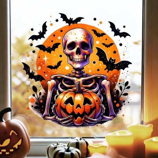 Creative Halloween Gift Ideas Static Window Clings, Watercolor Pumpkin Ghost Skull Decals, No Large Decals for Parties Glue Glass Stickers Living Room