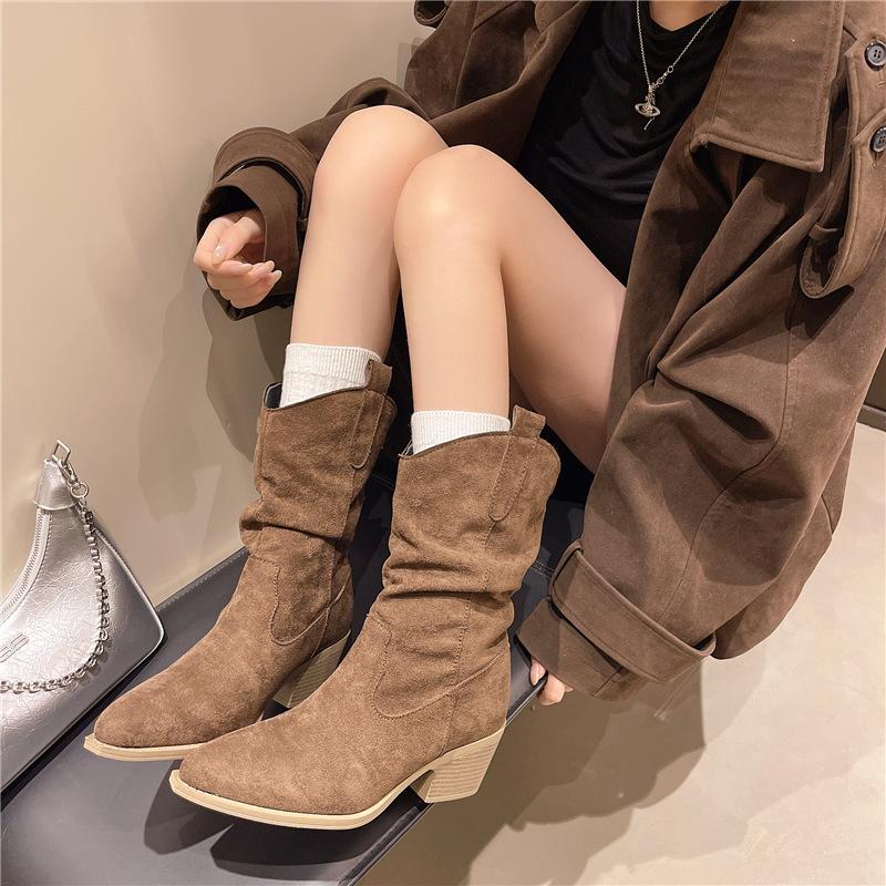 Vintage pointed suede pleated piled boots women's 2025 new thick heel thin medium tube boots Merard knight boots autumn
