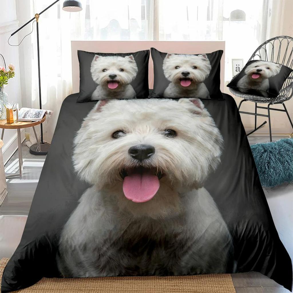 3D Hund Dynetrekksett West Highland White Terrier Sengesett Hvit Sengetøy Gutter Jenter Søtt Kjæledyr Dynetrekk 3 stk Dropship