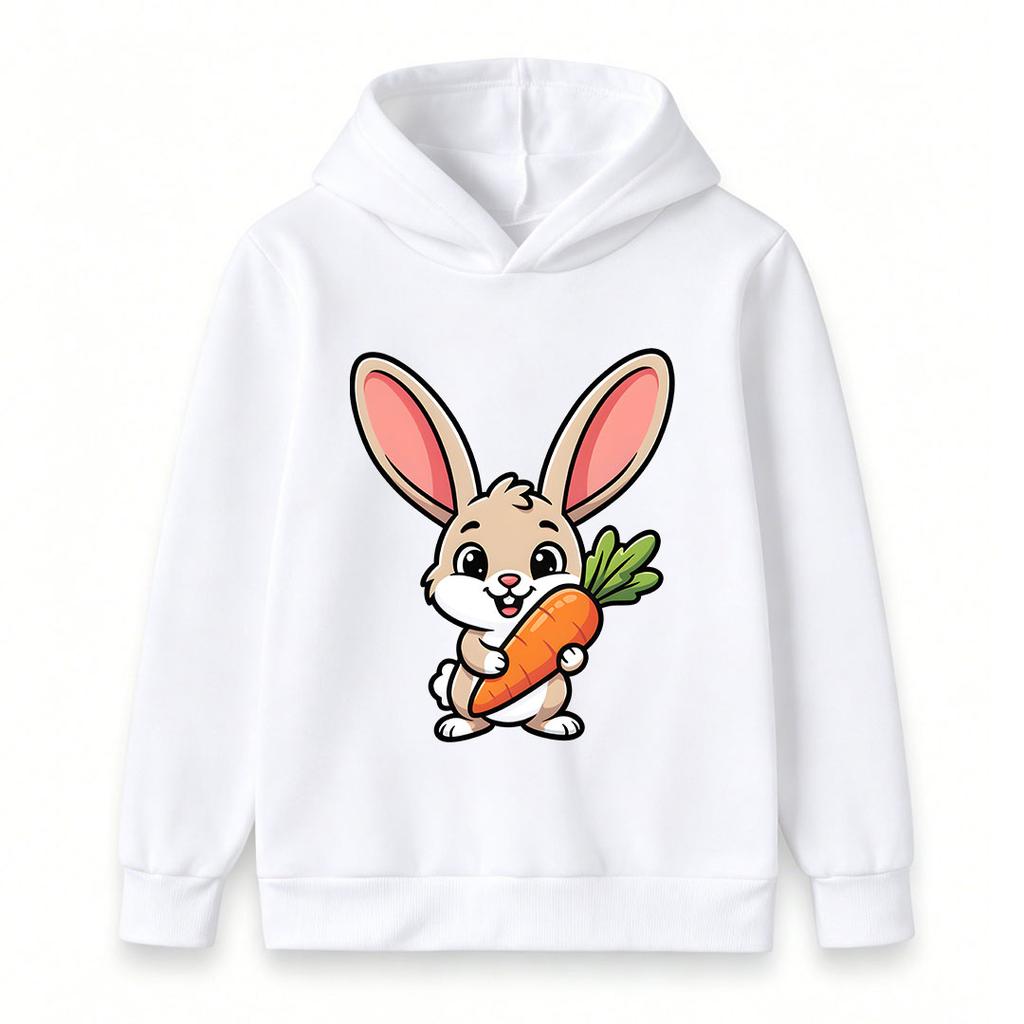 Cute Cartoon Bunny With Carrot Print Kids Hoodie, Casual Long Sleeve Pullover Sweatshirt For Boys Girls, Soft Warm Lightweight Daily Wear