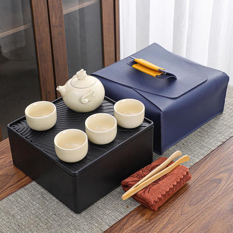 Aiqiyi Portable Ceramic Kung Fu Travel Tea Set 1 Pot 4 Cups - Blue Gift Box