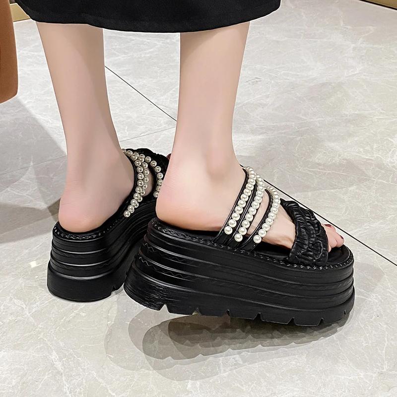 Fashion 8CM New 2025 Pearl Strap Chunky Sandals Women Summer High Platform Wedges Slippers Woman Fashion Heels Thick Bottom Beach Slides
