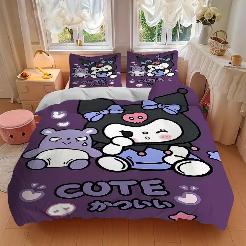 3pcs Cute Kuromi Bedding Set 1 Soft Quilt Cover + 2 Pillowcases, Machine Washable Suitable for All Seasons, Perfect Gift S011
