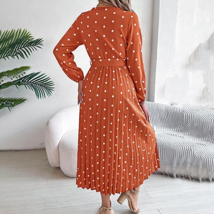 Women Long Sleeve A Line Long Dress High Waist Dot Pleated Autumn Winter Fashion