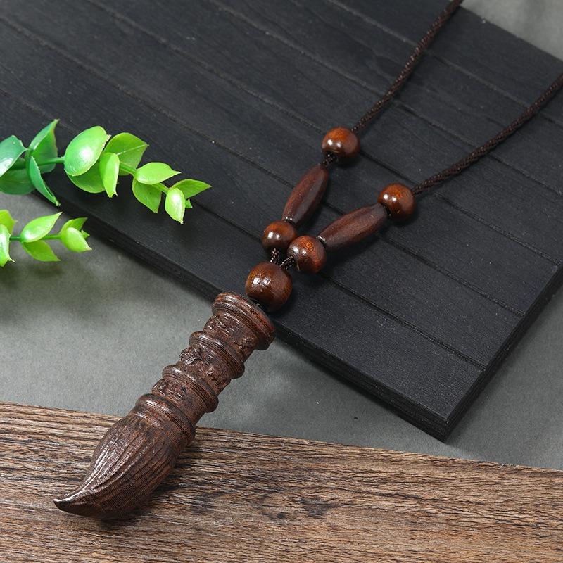 Hand-carved Mahogany Necklace Retro Femininity Long Autumn and Winter Sweater Chain Cotton and Linen Accessories