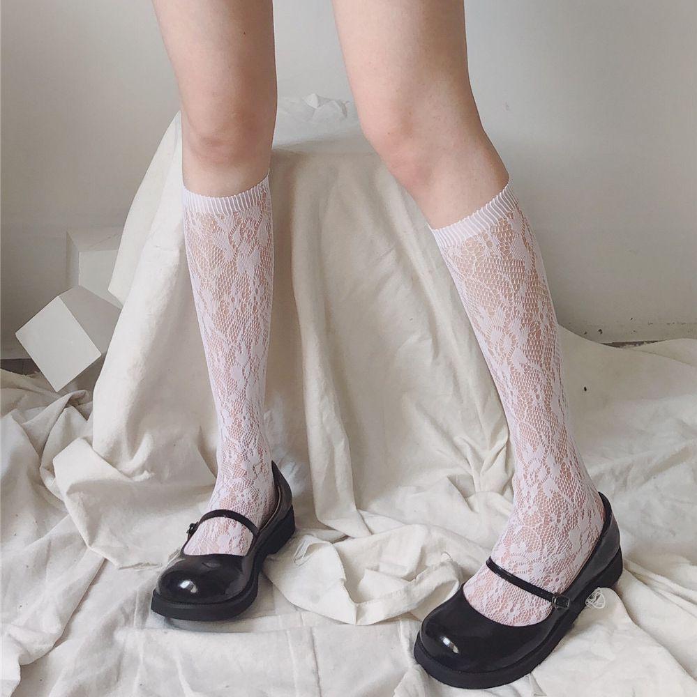 Women's White Lace Scrunch Mid-Calf Summer Socks - Mesh, JK Style, Ideal for Mary Jane Shoes