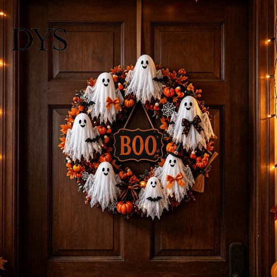 Decorative Fall Wreath Halloween Boo Ghost Wreath, Spooky Door Hanging Decoration with Pumpkins Holiday Home Accents And Spider Webs for Front Porch,