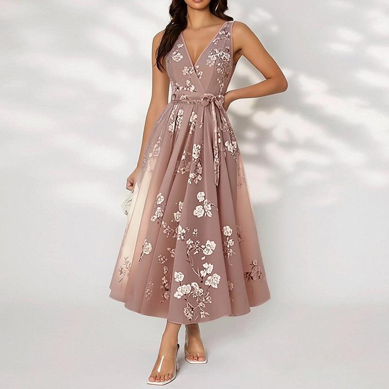 2026 women's spring new, Amazon cross-border Europe and the United States, elegant temperament printed waist lace-up dress