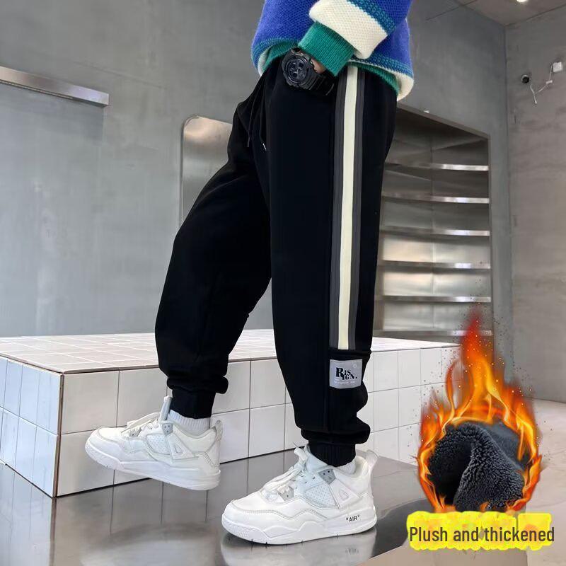 New 2025 Boys' Autumn/Winter Sports Sweatpants: Velvet-Cuffed, Medium/Large Casual Trousers Trend.