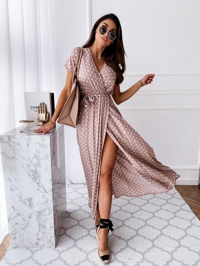 Summer short-sleeved V-neck bohemian polka dot print dress long dress temperament