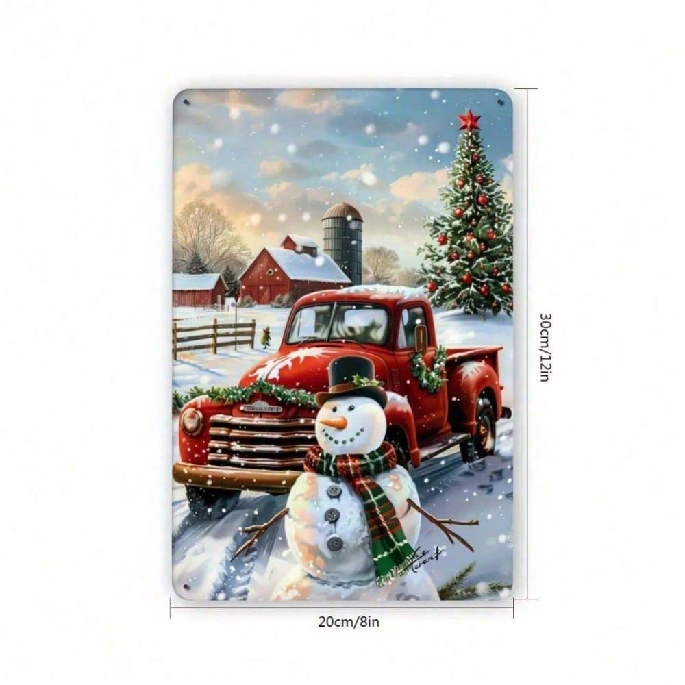 Vintage Snowman and Red Truck Metal Tin Sign, Farmhouse Iron Wall Art for Indoor Outdoor Decor, 8x12 Inch
