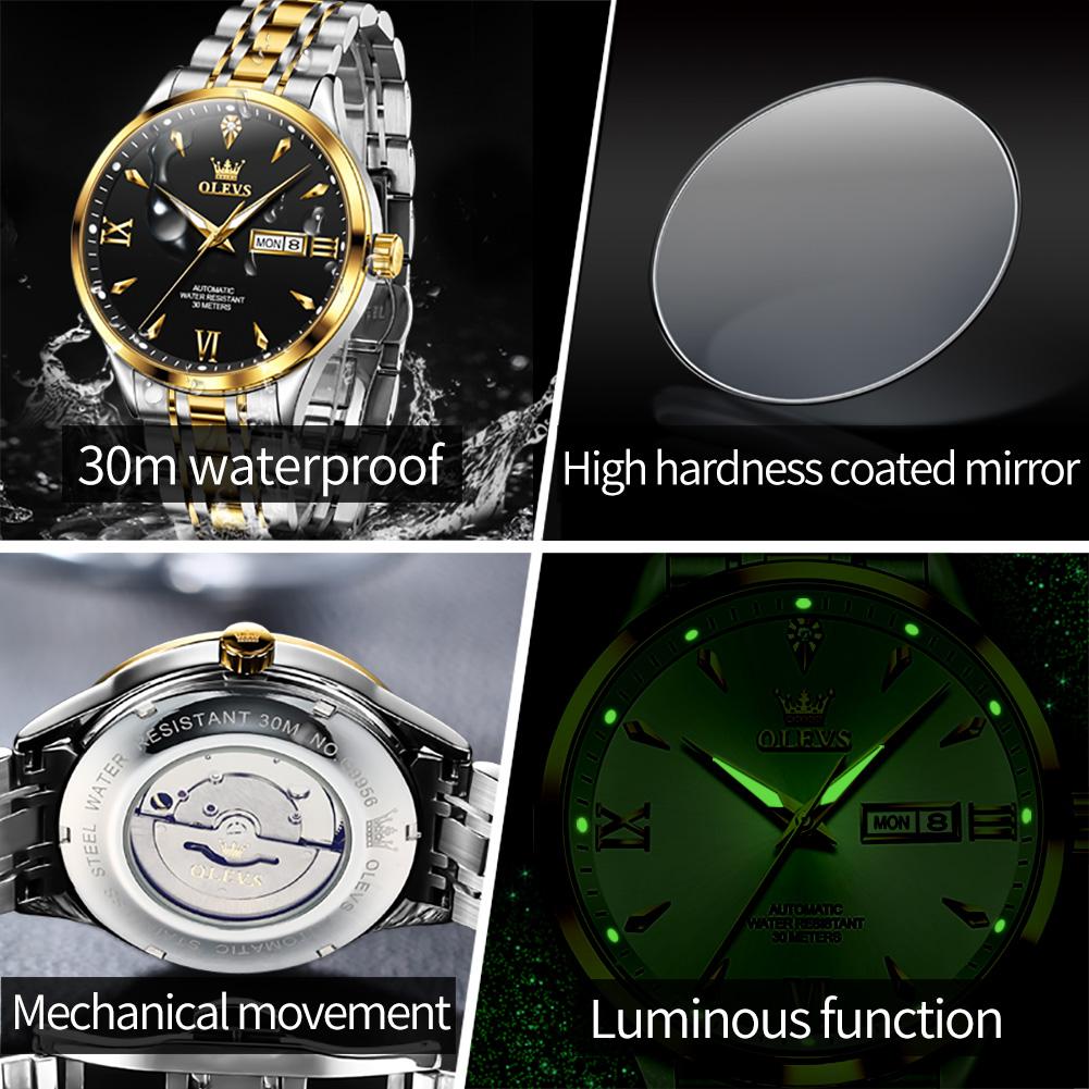 OLEVS 9956 Original Automatic Mechanical Watch for Men Dual Calendar Luminous Business Dress Men's Wristwatches