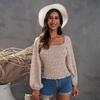 Slim Looking Square Collar Fashion Print Pullover Long Sleeves T-shirt