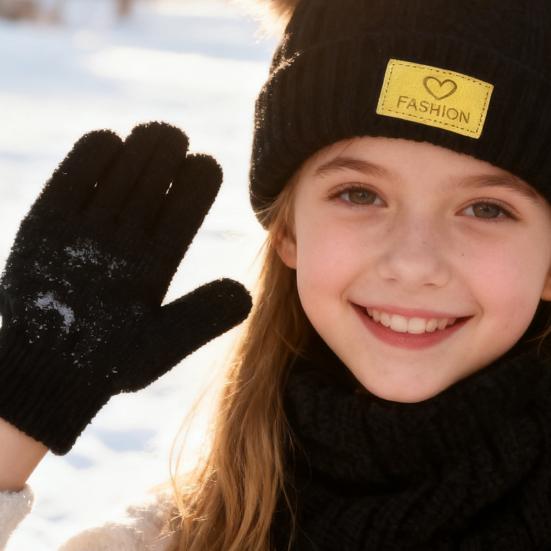 Yousheng 3Pcs/Set Kids Winter Hat Scarf Gloves Set Two Plush Ball Decor Twist Texture Brimless Hat Knitting Gloves Fleece Lining Neck Gaiter Set