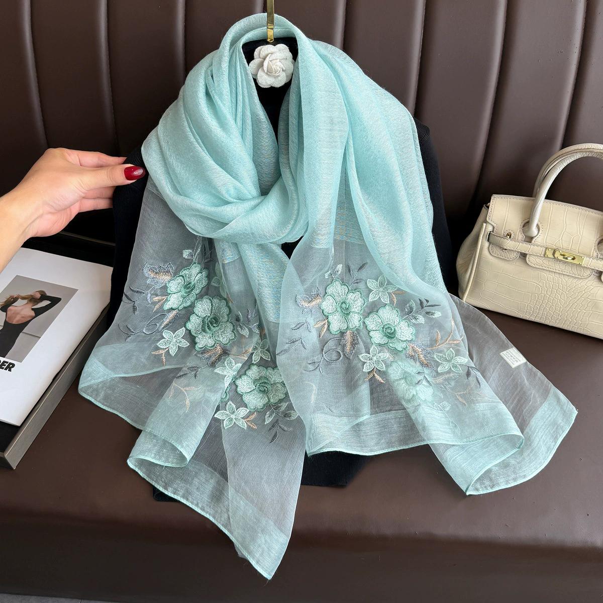 

Women Silk Wool Scarf Floral Embroidery Hijab Female Foulard Spring Summer Thin Pashmina Shawls Wraps Bufanda Headscarf 70x190cm