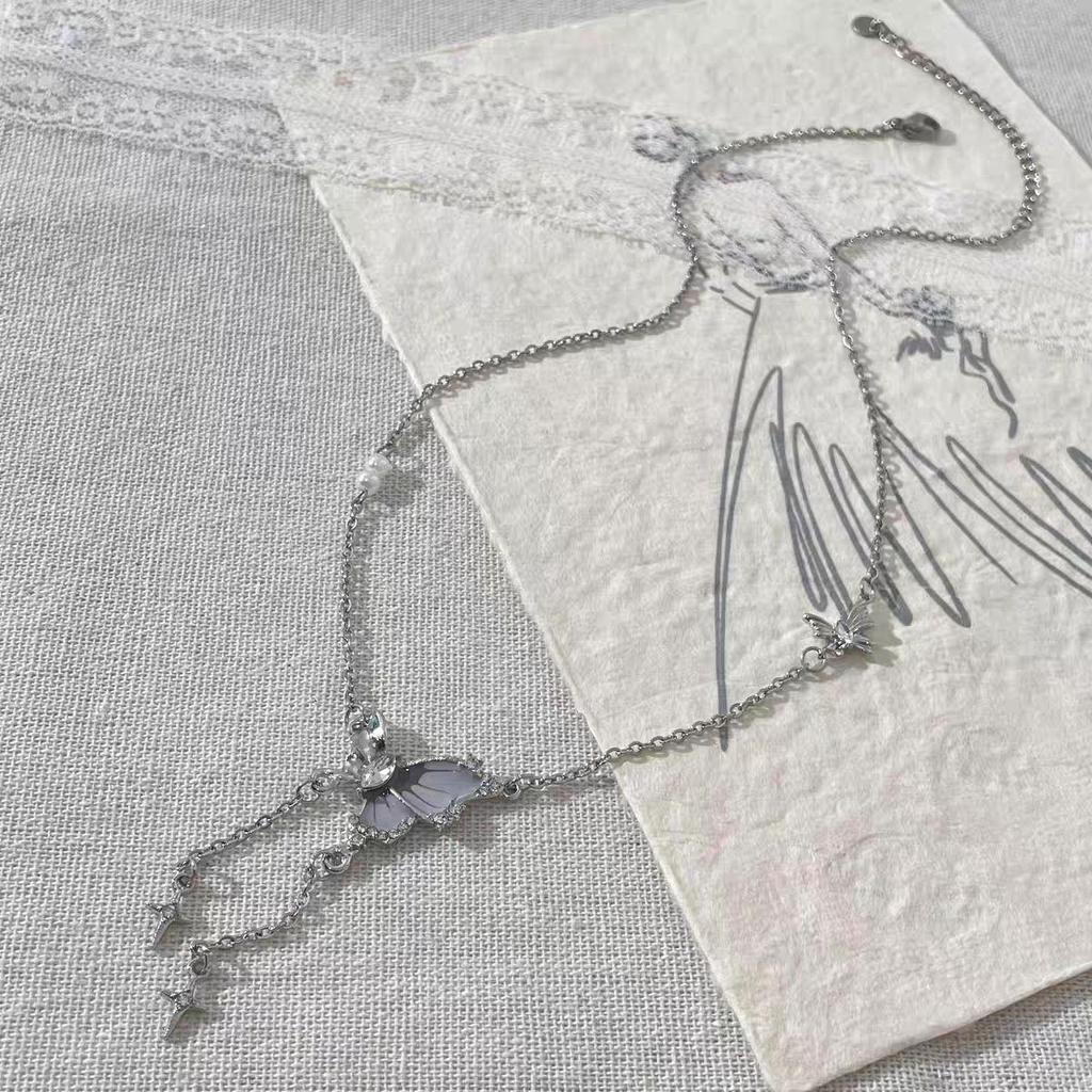Blue-Gray Pearl Butterfly Tassel Titanium Necklace - Women's Elegant Fairy Clavicle Choker