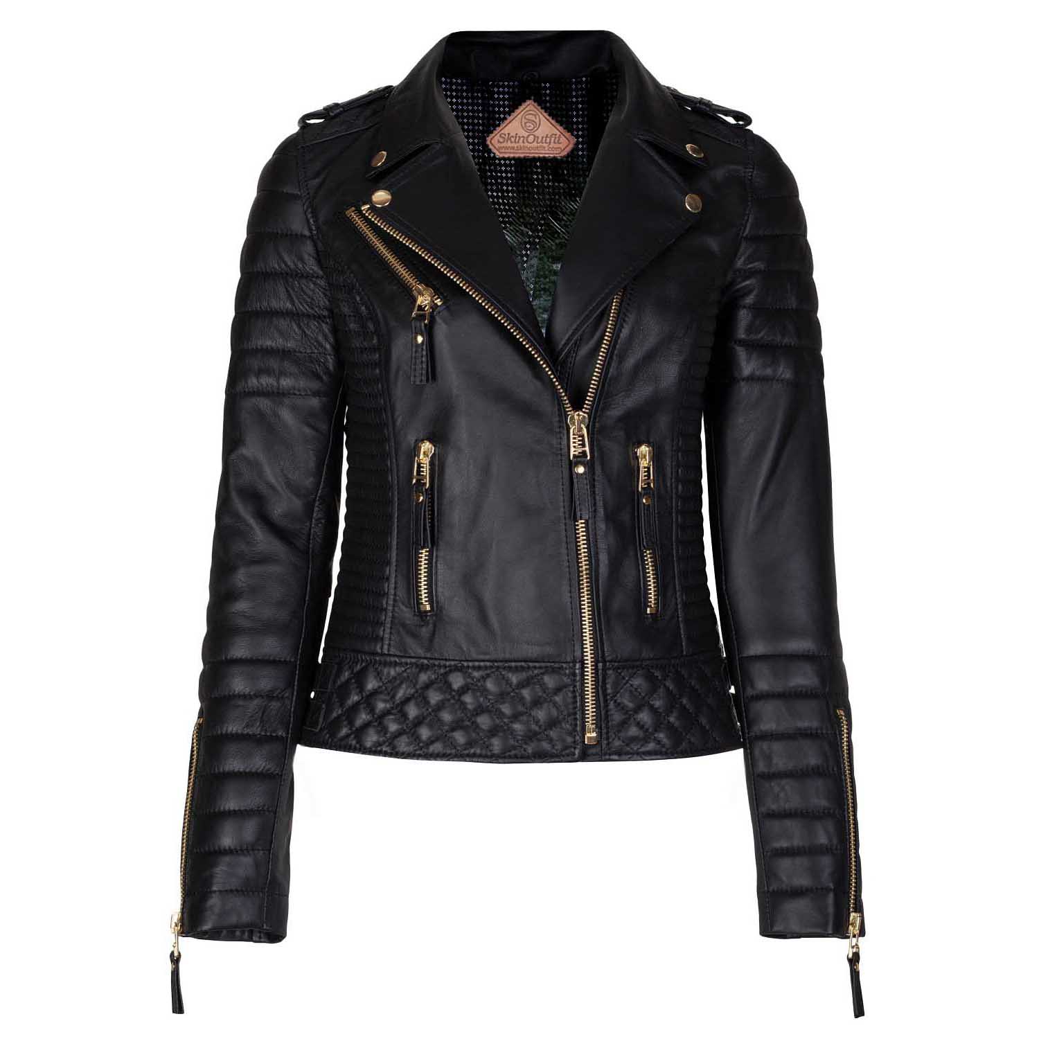 

SKINOUTFIT Жіноча шкіряна куртка байкера Натуральна чорна шкіра ягняти Cafe Racer Мотоциклетний верхній одяг S чорний