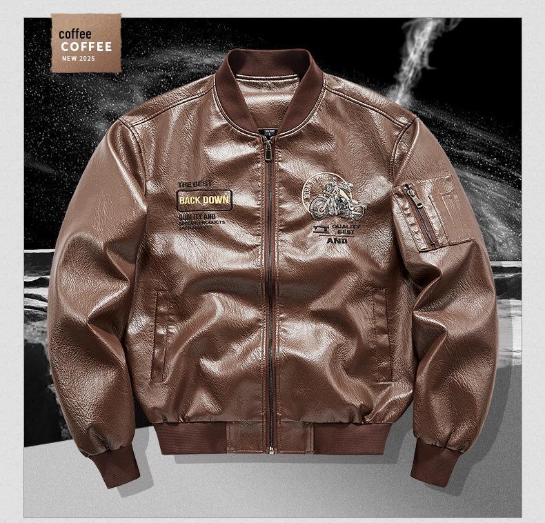 Veste de vol tendance en cuir grande taille pour homme - Automne Col montant de motard avec design brodé