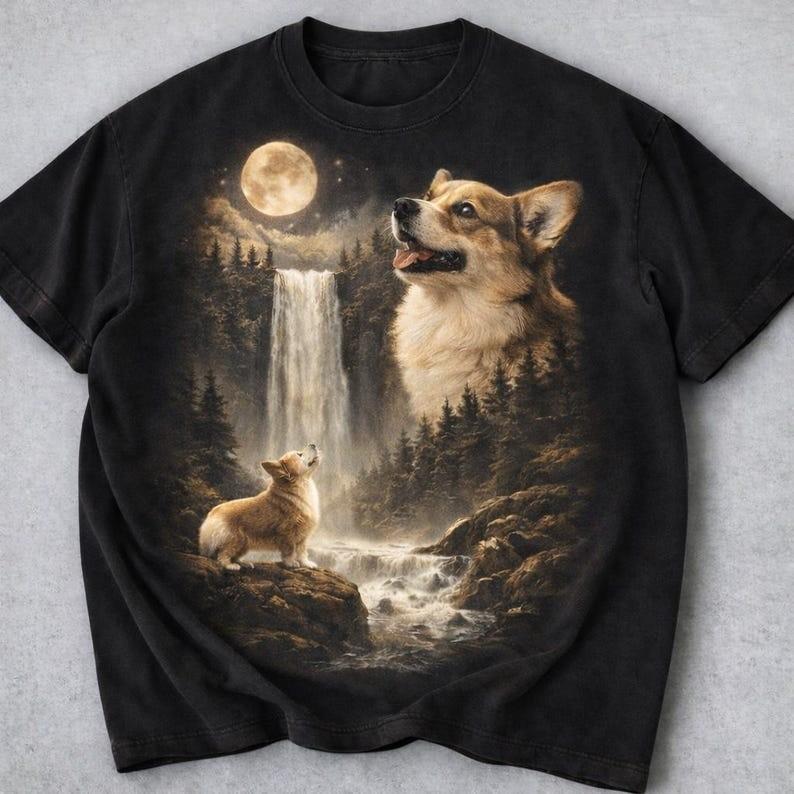 

Corgi Howling to the Moon Shirt Vintage Graphic Tee Dog Shirt Full Size S3XL Unisex T-Shirt M