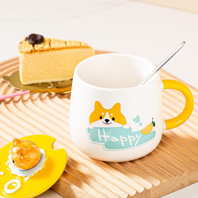 Cute Cartoon Ceramic Water Cup with Lid and Spoon