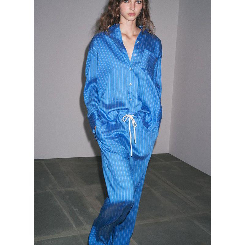 Lyocell Blended Stripes Lapel Long Sleeve Shirt 7563049 Stripes Mid-Waist Straight Pants 7563050