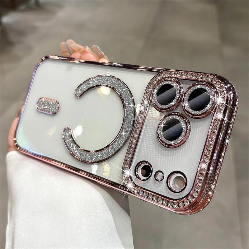 For iPhone 17 Pro Max 17 Air Luxury Girl's Case Bling Diamond Lens Film Magsafe Cover Case for iPhone 17 16 15 14 13 12 11 Pro Max