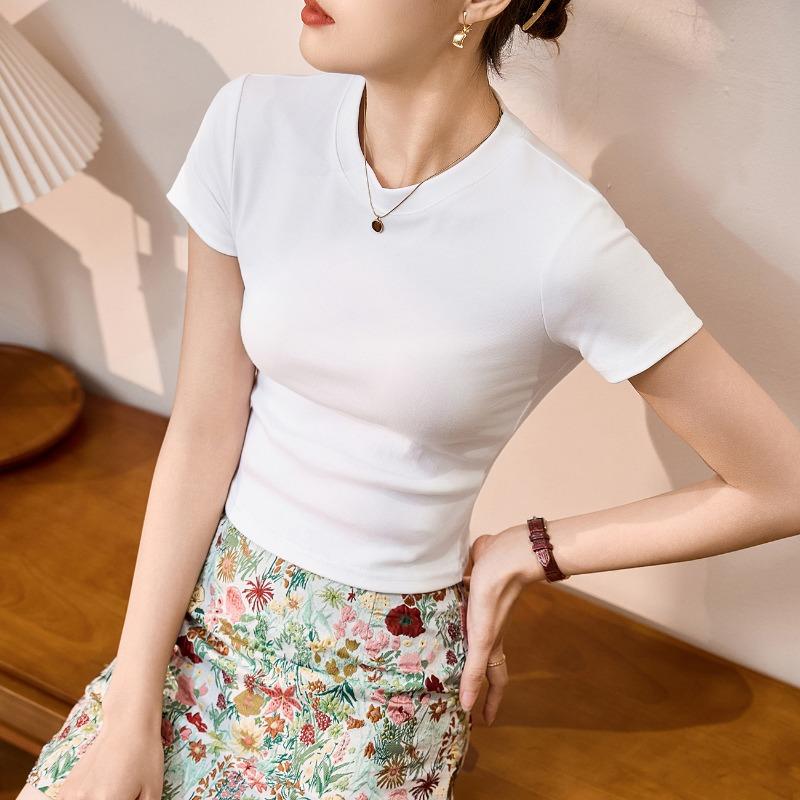 Women's Combed Cotton High-waisted Short T-shirt Summer New Slim Thin Small People with Short-sleeved Tops