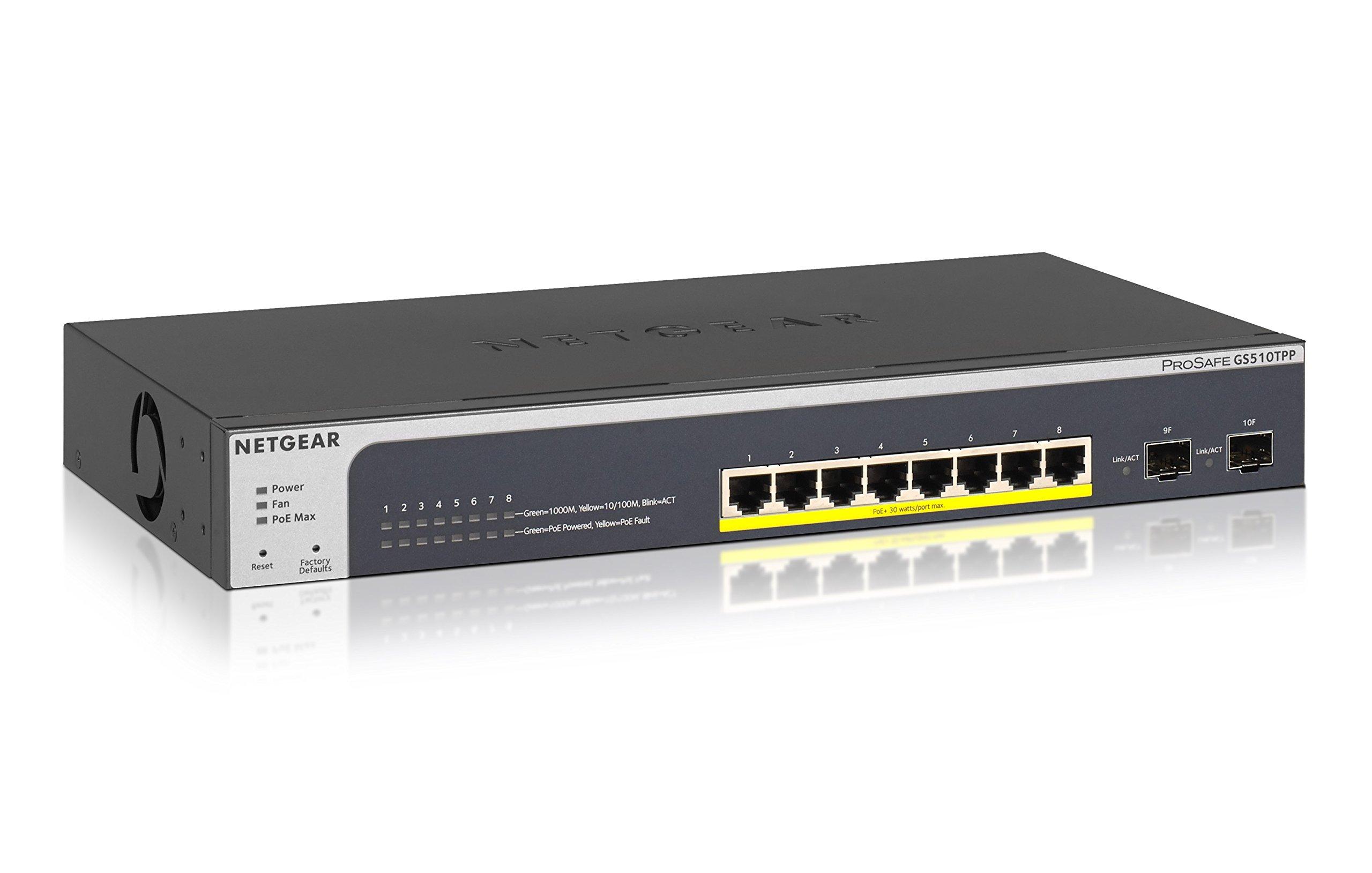 

NETGEAR Switching Hub, 10 портів, 1G, металевий корпус, обмежена довічна гарантія на апаратне забезпечення Smart Switch [Оригінальний продукт] (SFPx2) PoE+ (190 Вт) GS510TPP-100AJS