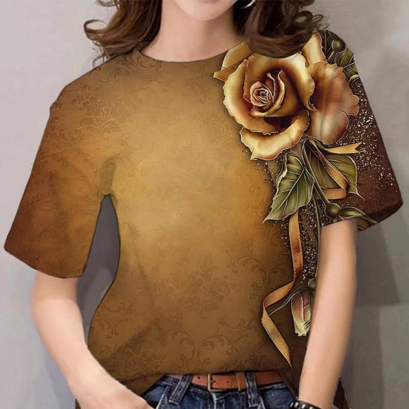 Luxury Women's T Shirt Floral Print Harajuku Clothes O Neck Casual Short Sleeve Tees Daily Y2k Blouse Oversized Tops