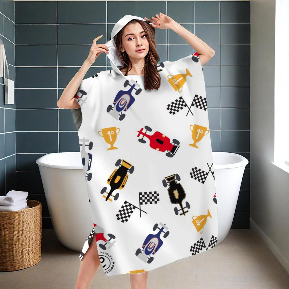 

Kids Adults Race Car Hooded Beach Robe Microfiber Quick Dry Absorbent Changing Towel Robe Swim Cover Up for Surfing Swimming W30*H60(CM)