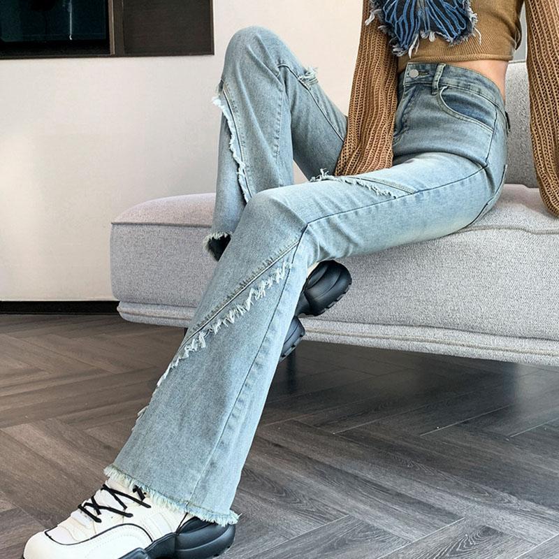 

Джинсы в стиле ретро с микроклешем для женщин, осенние, с высокой талией, облегающие, с кисточками, джинсовые брюки, женские, повседневные, женские 2025 L синий