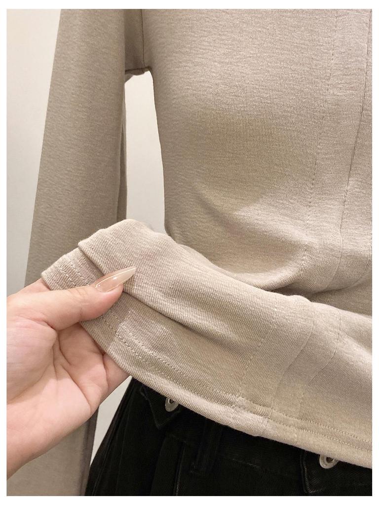 Women's Elegant Stand-Up Collar Spicy Girl Half-Zip Brushed Warm Long Sleeve Top for Autumn/Winter