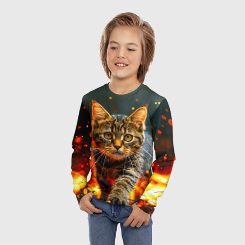 Children's Cartoon Cute Kitten Print T-shirt Boys Cute Long Sleeved Soft Comfortable Top